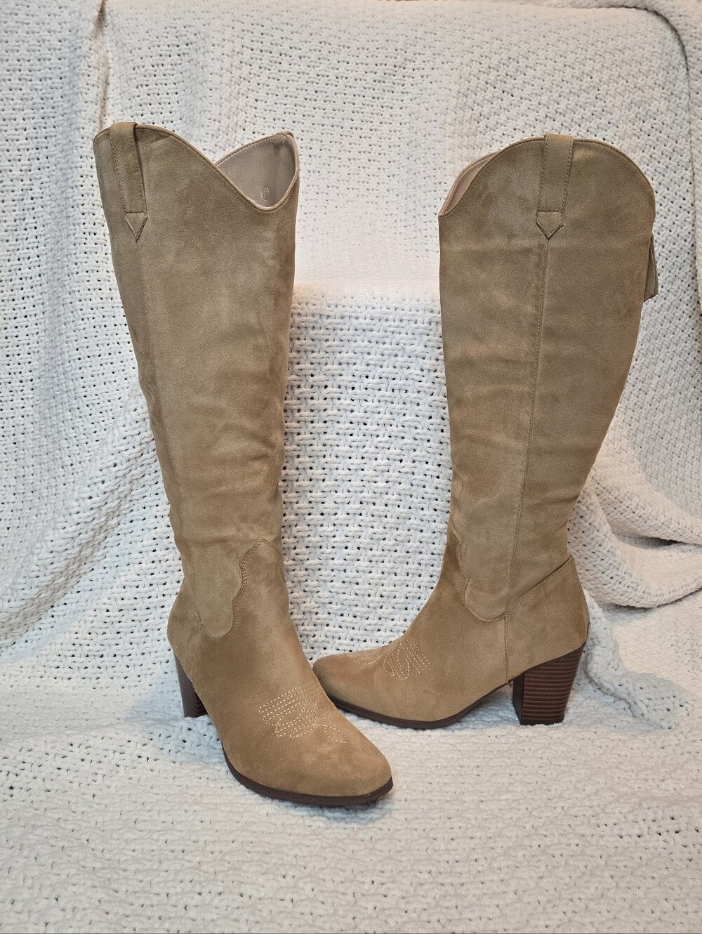 Tall Beige Knee-High Block Heel Boots - Women